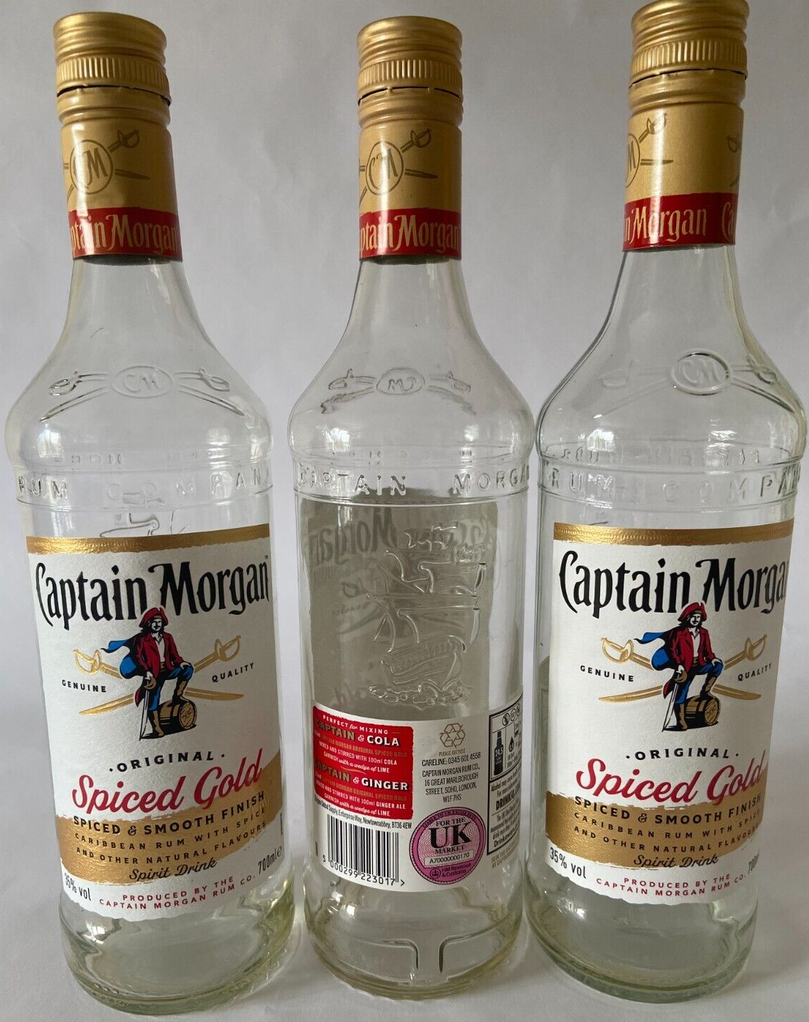 Pack of 3: Captain Morgan Spiced Gold Rum - Empty Glass Bottle - 700ml