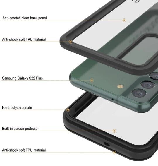 Punkcase Waterproof/Shockproof Galaxy S22+ phone Cover - Black - IP68 certified