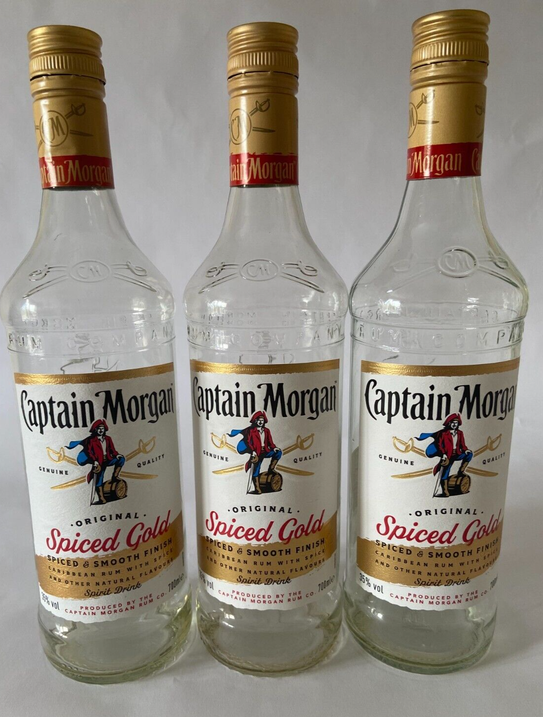 Pack of 3: Captain Morgan Spiced Gold Rum - Empty Glass Bottle - 700ml