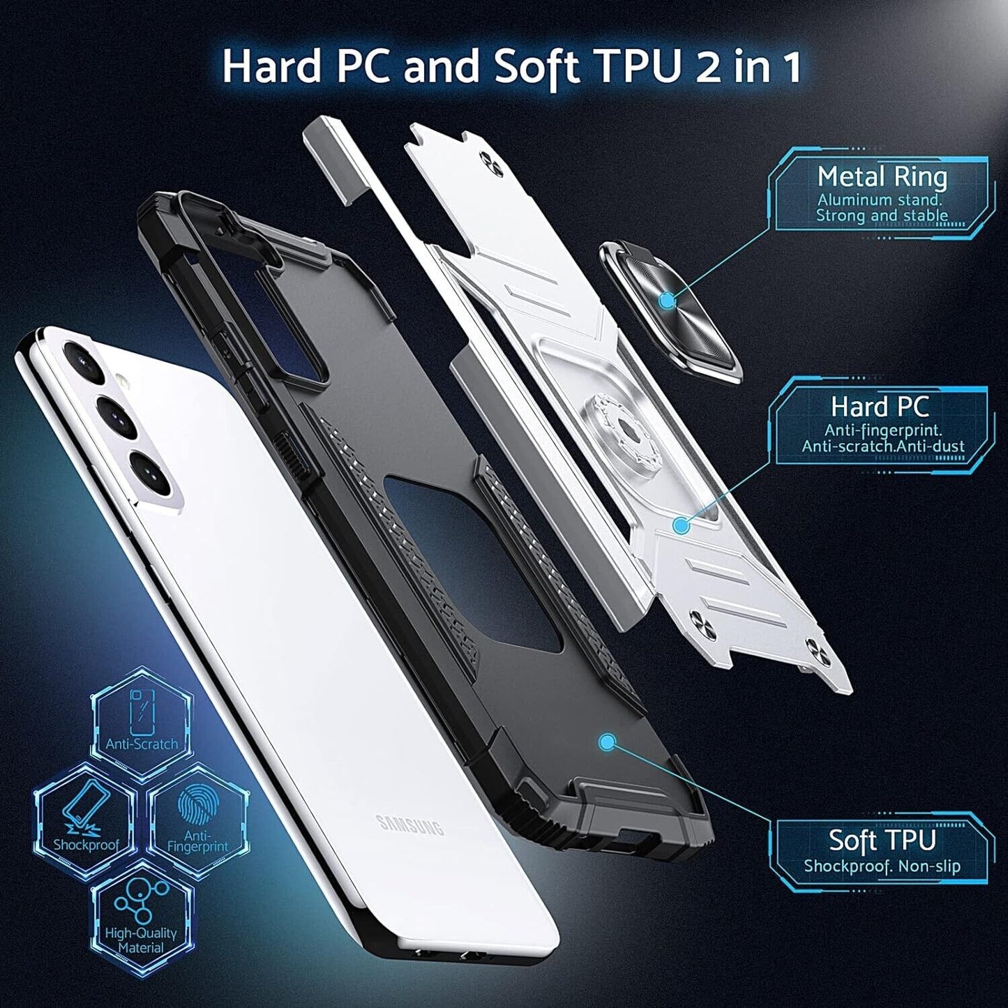 Phone case Samsung S22 with ring -Armour case protection shell - Silver