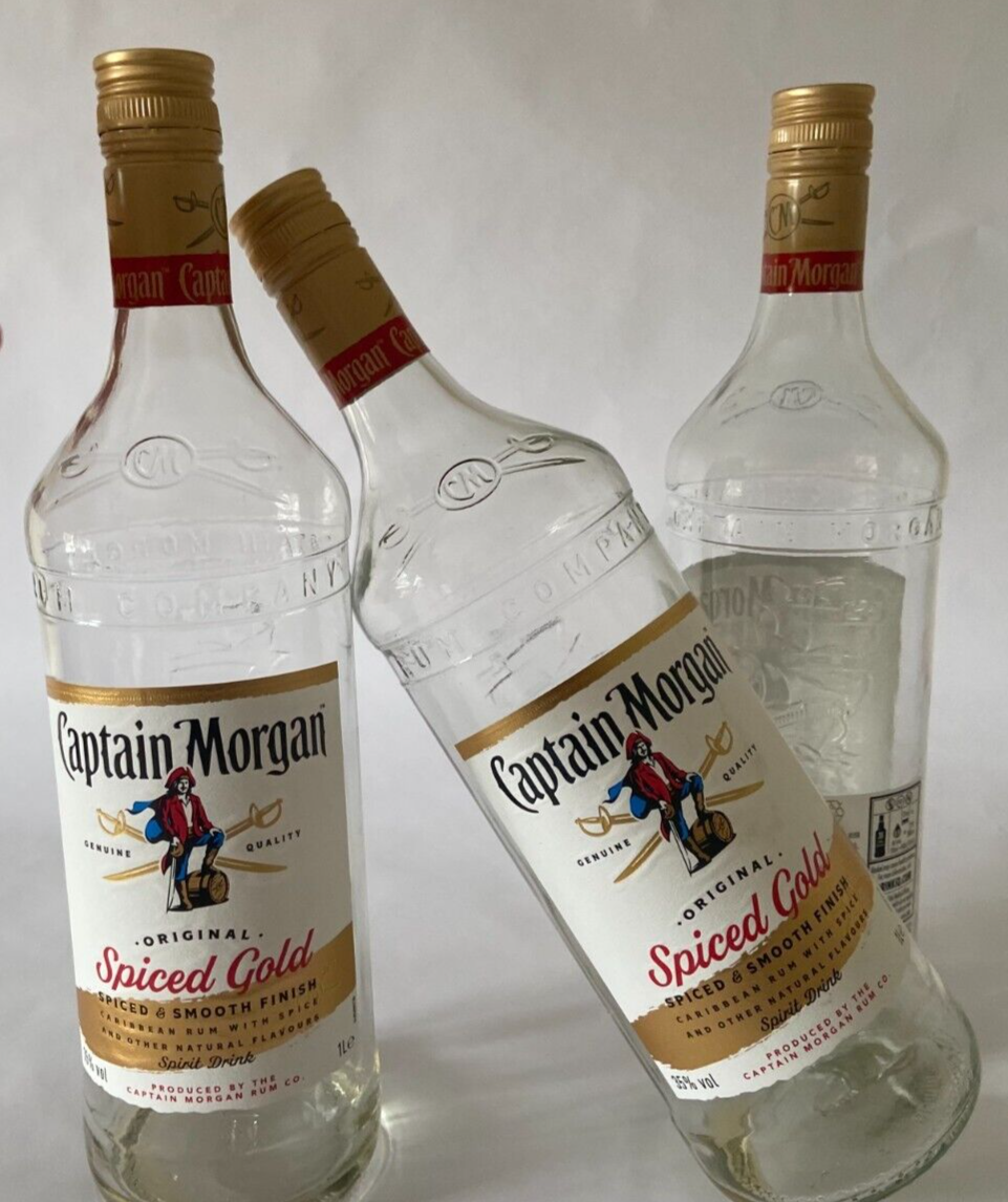 Pack of 3: Captain Morgan Spiced Gold Rum - Empty Glass Bottle - 1 Litre/1000ml