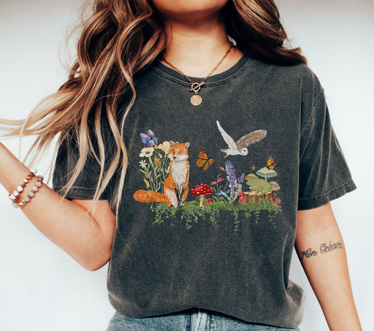 Vintage forestcore Tshirt, Goblincore owl birthday gift, Boho cottagecore mushroom tee, Autumn green witch fox shirt, Toadstool frog T-shirt