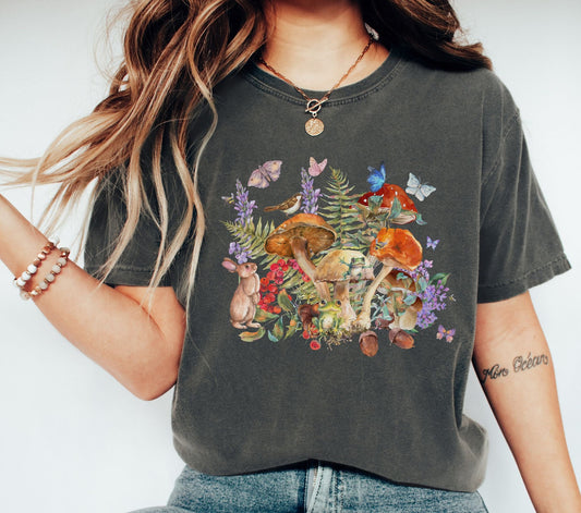 Vintage forestcore Tshirt, Goblincore bunny birthday gift, Boho cottagecore mushroom tee, Autumn green witch shirt, Toadstool frog T-shirt