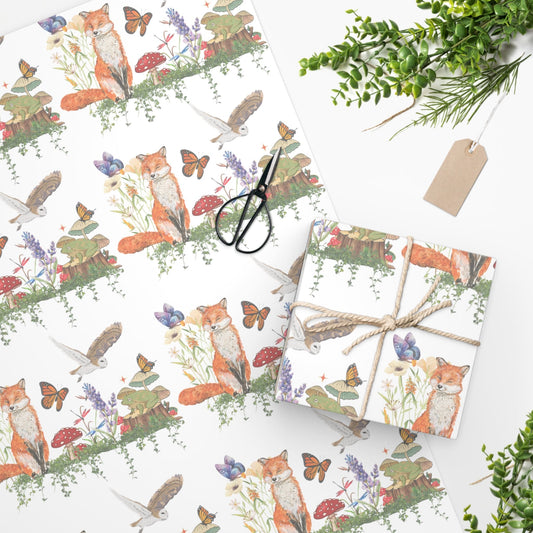 Vintage forestcore wrapping paper, Goblincore owl birthday gift wrap, Boho cottagecore mushroom wrap, Autumn green witch fox, toadstool frog