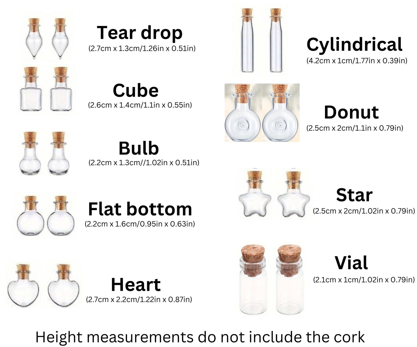10pc Mini Glass vials with cork stopper - various shapes for DIY Jewelry, Party/Wedding favors, Small bottle for Valentine or Magical crafts