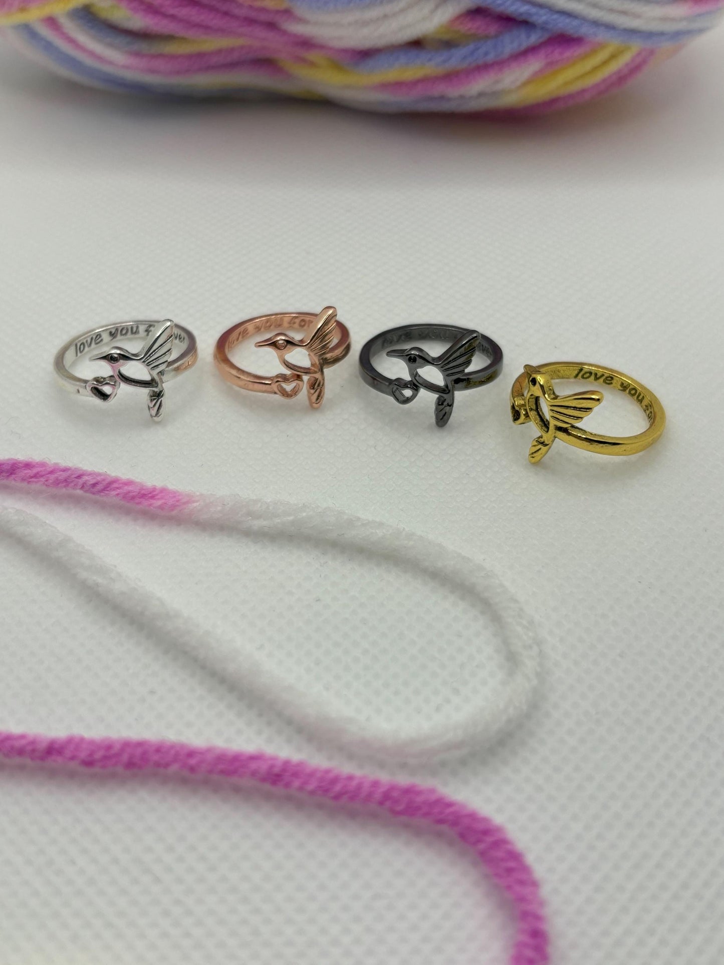 Adjustable Yarn Crochet Tension Ring with engraving - Bird knitting or crochet loop, fibre arts, wool thread guide, knitter gift, crafting