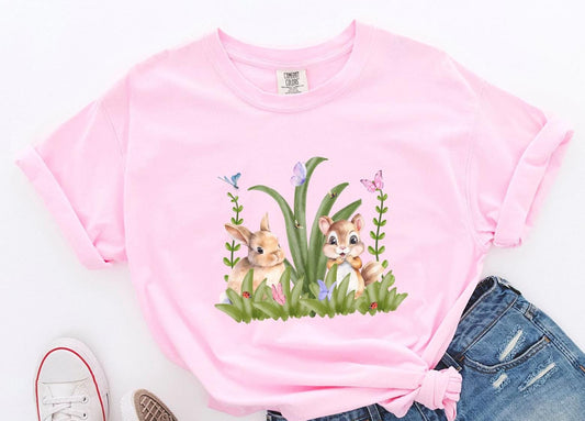 Vintage forestcore Tshirt, Goblincore bunny birthday gift, Boho cottagecore squirrel tee, Autumn green witch bee shirt, Butterfly T-shirt