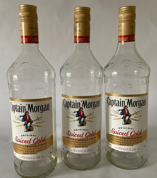 Pack of 3: Captain Morgan Spiced Gold Rum - Empty Glass Bottle - 1 Litre/1000ml