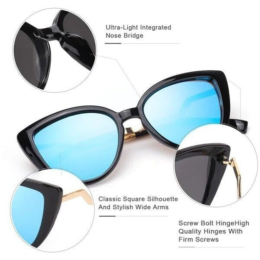 Trendy Cateyes travel, beach/holiday sunglasses UV400 protection - Black Skyblue