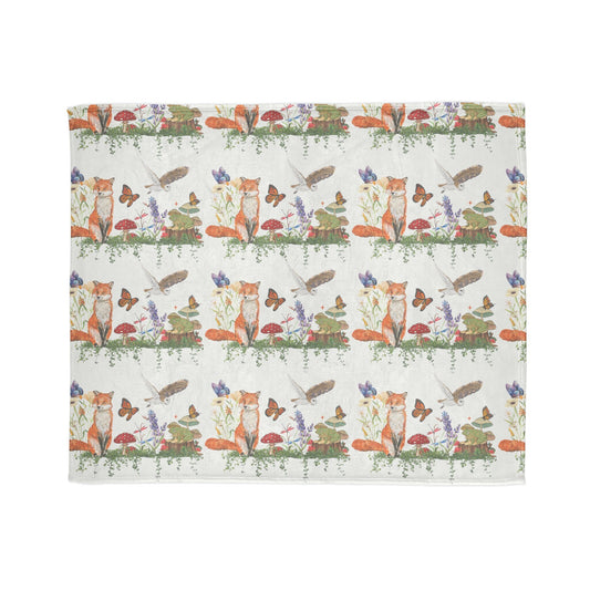 Soft Vintage forestcore Minky Blanket: Cottagecore owl birthday gift, Boho mushroom cover, Fox & Toadstool frog bedroom decor