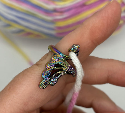 Adjustable Yarn Crochet Tension Ring - Peacock knitting/crochet loop & winder, fibre arts, wool thread guide knitter gift, crafting supplies